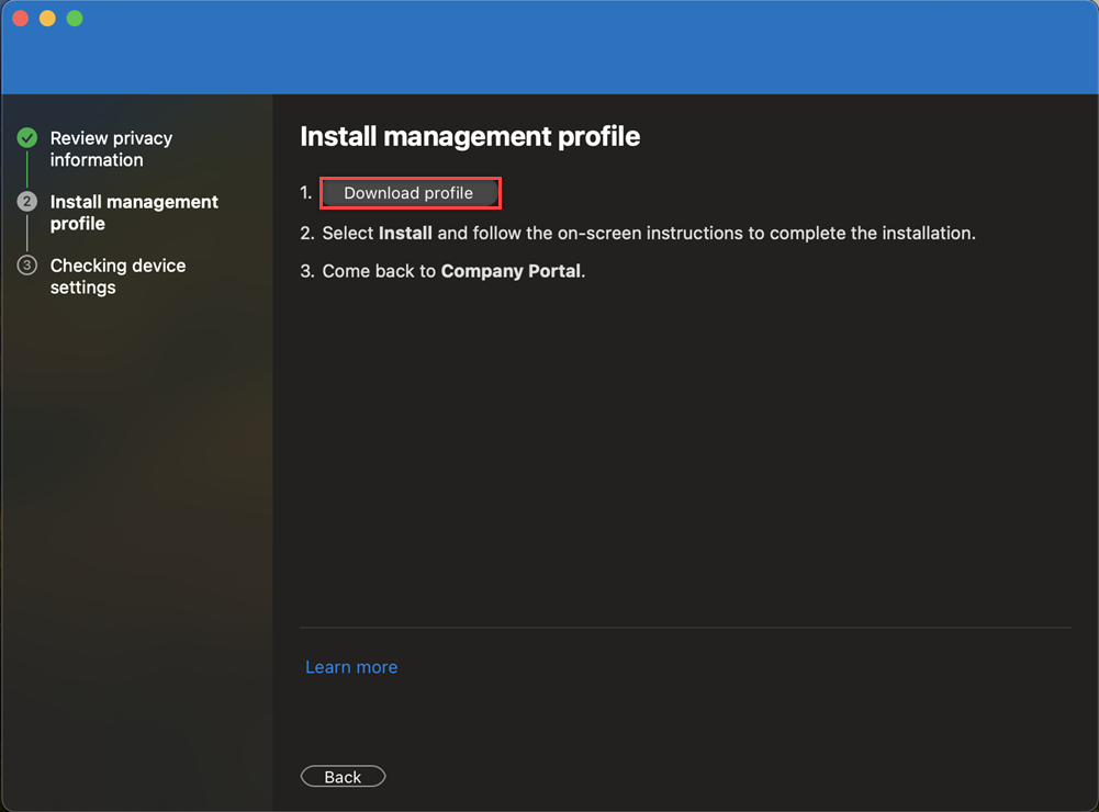 Company Portal Install management profile screen with Download profile highlighted