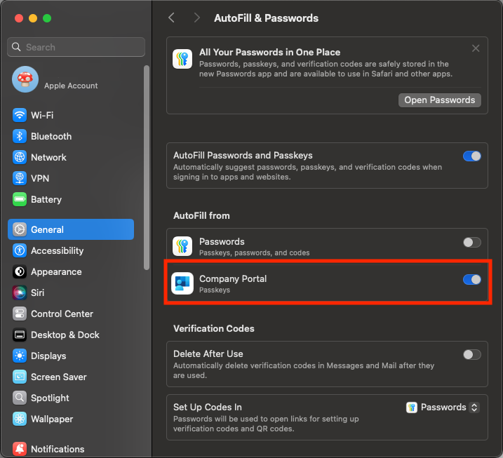 macOS AutoFill and Passwords settings with Company Portal passkeys enabled