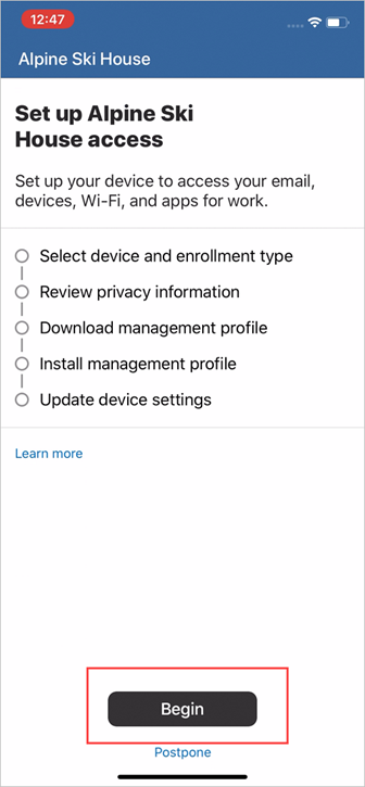 Microsoft Company Portal enrolment checklist with Begin highlighted