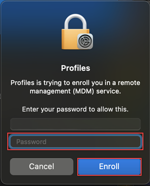 macOS Profiles prompt asking for the local password with Enroll highlighted