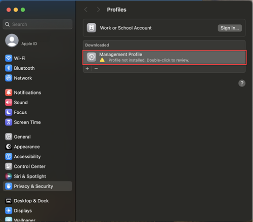 macOS Profiles settings showing a downloaded Management Profile