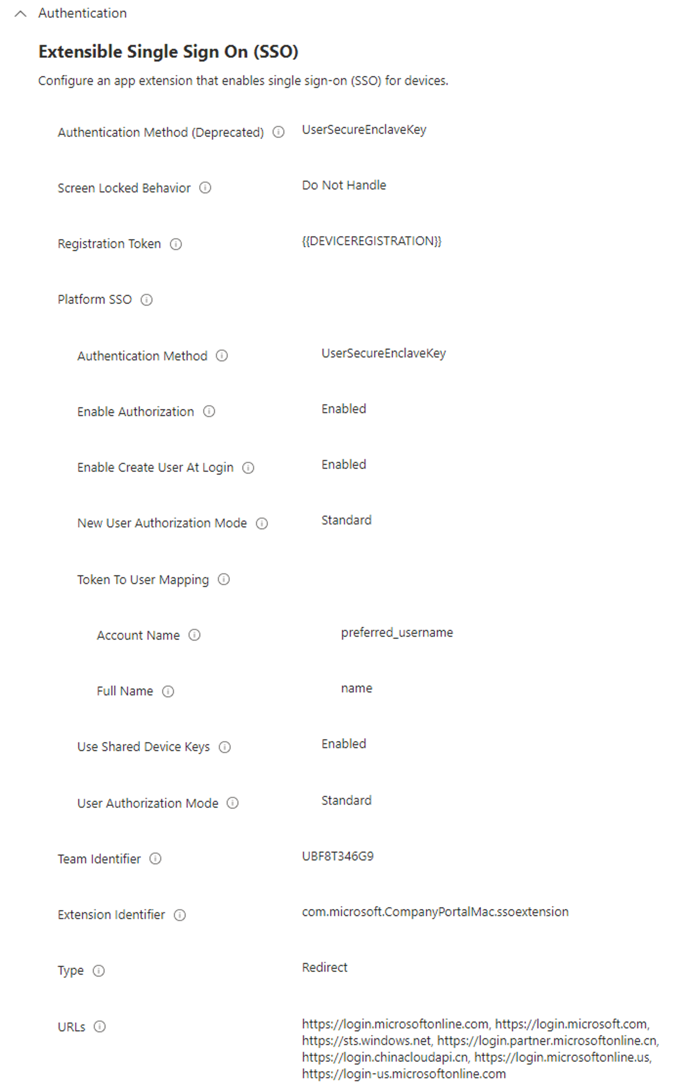 Microsoft Intune example Platform SSO policy with authentication, identifiers and user mapping settings