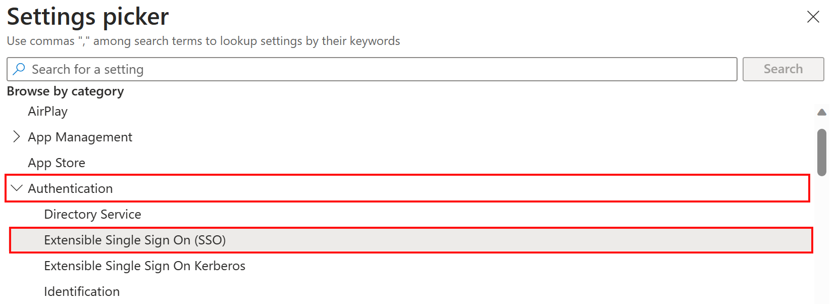 Microsoft Intune settings picker showing Authentication and Extensible Single Sign On