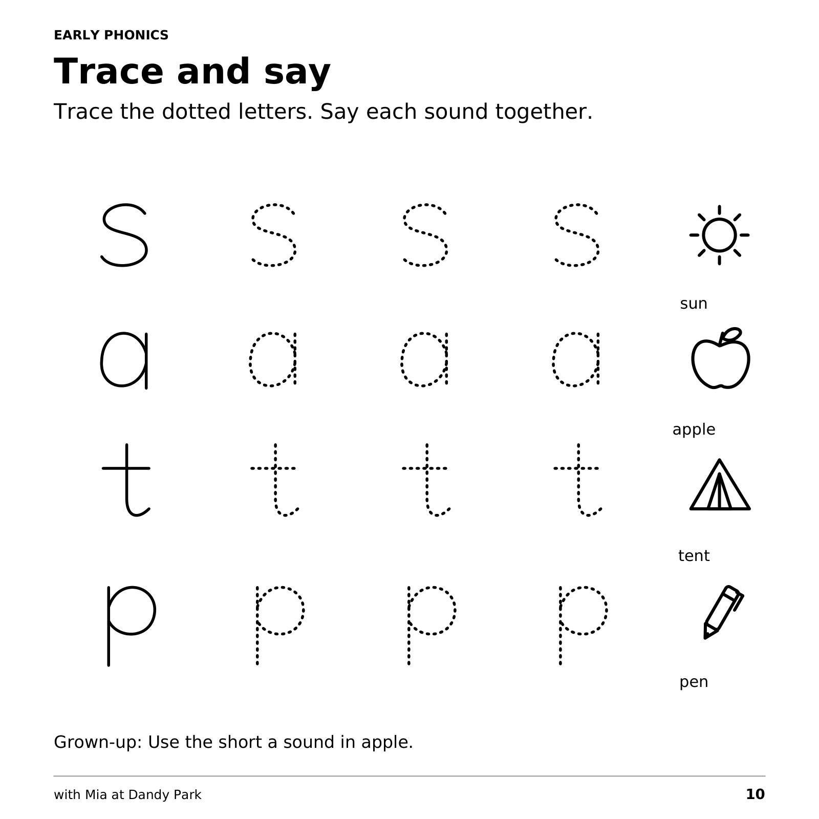 An early phonics activity with dotted s, a, t and p letters and pictures of a sun, apple, tent and pen.