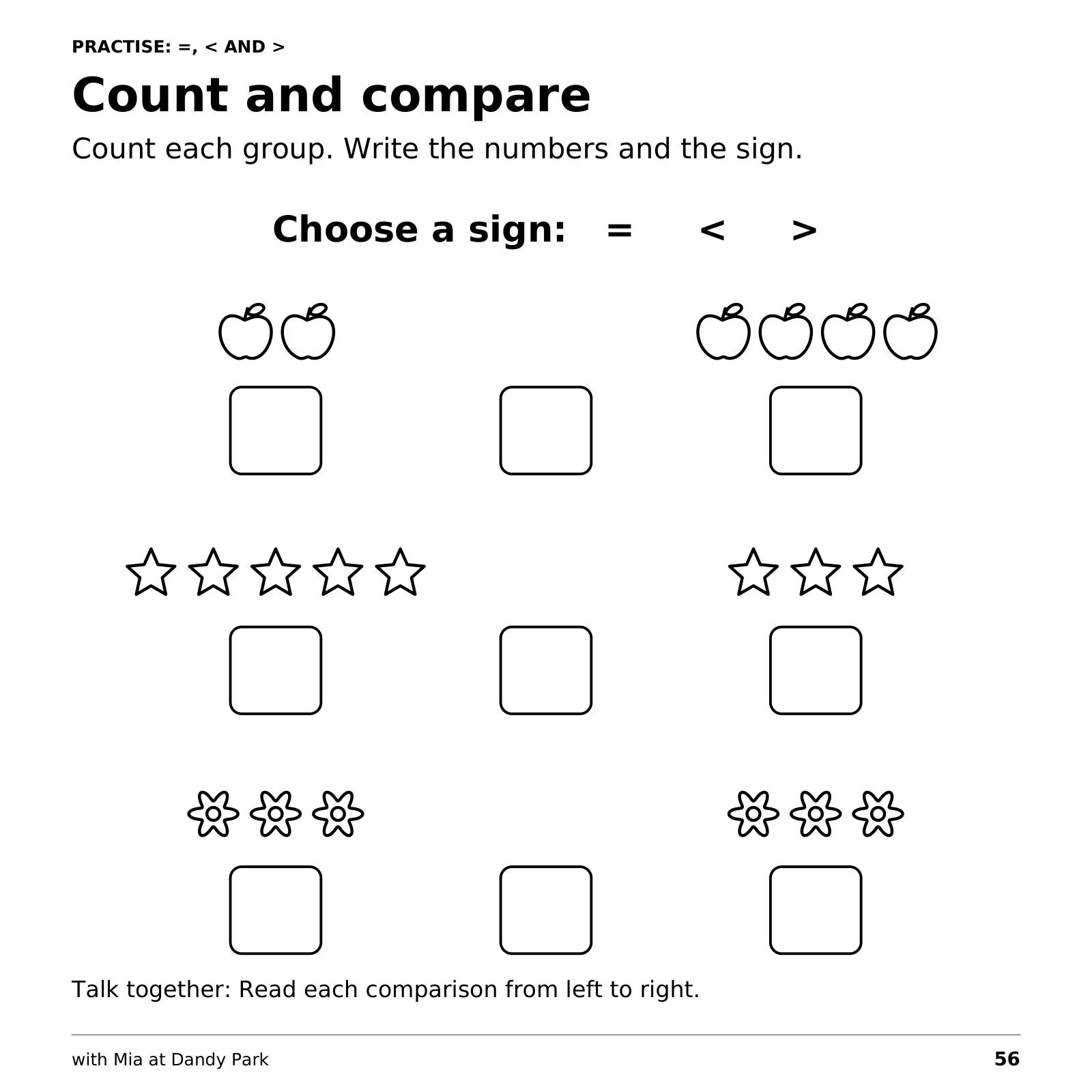 A maths activity with groups of apples, stars and flowers, and empty boxes for numbers and comparing signs.