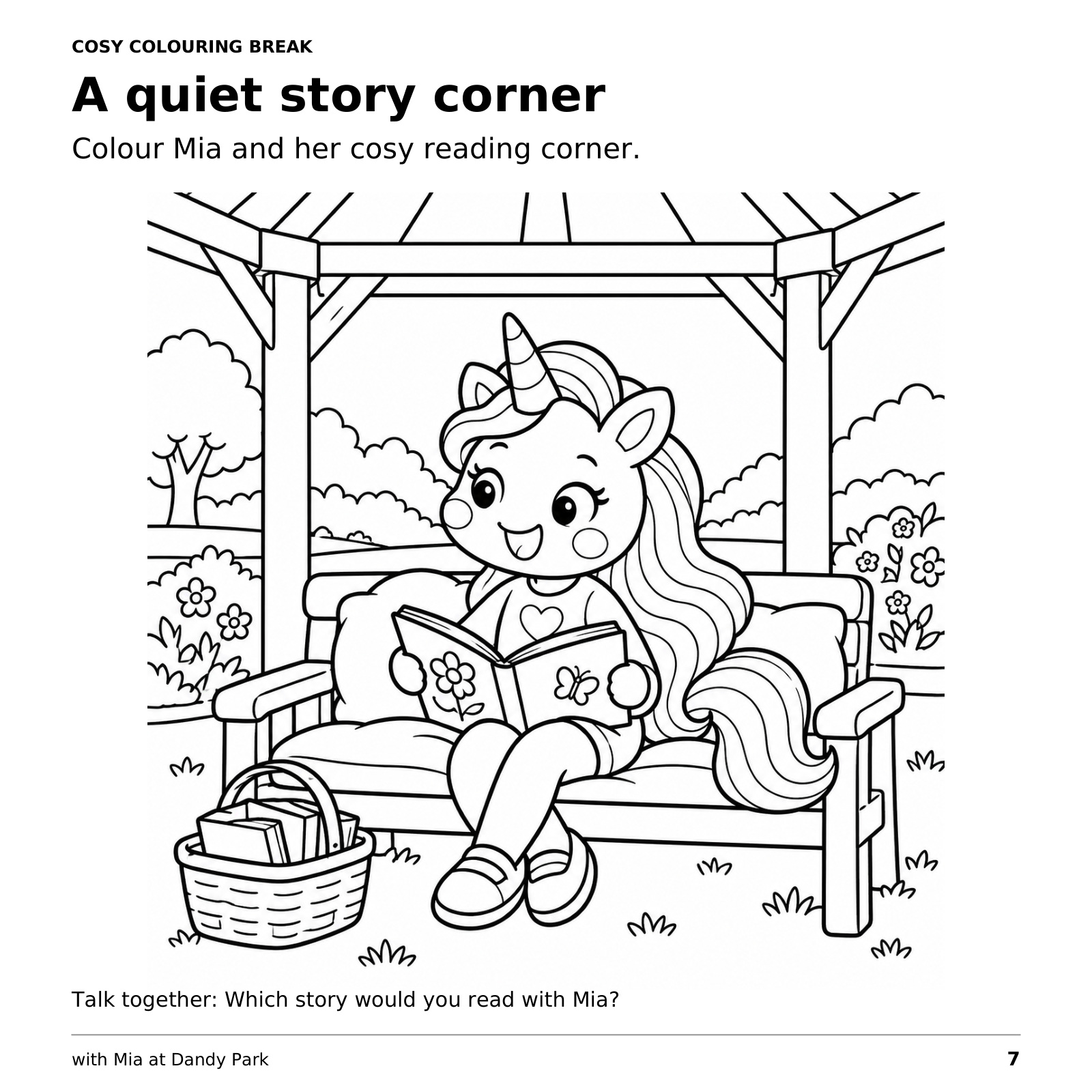 A cosy colouring page of Mia the unicorn reading a picture book on a cushioned bench beneath a park gazebo.