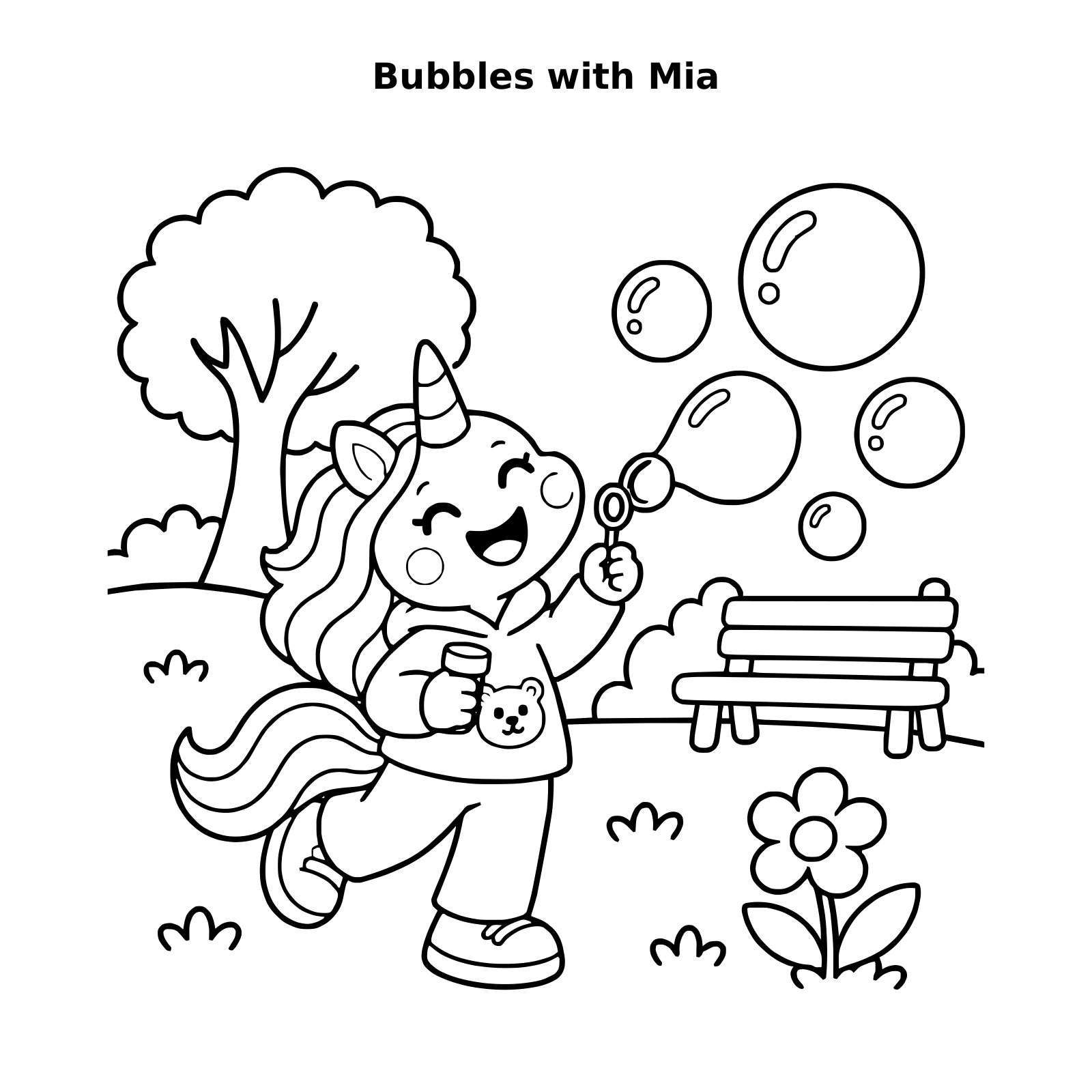 A black-and-white colouring page of Mia blowing bubbles beside a park bench.