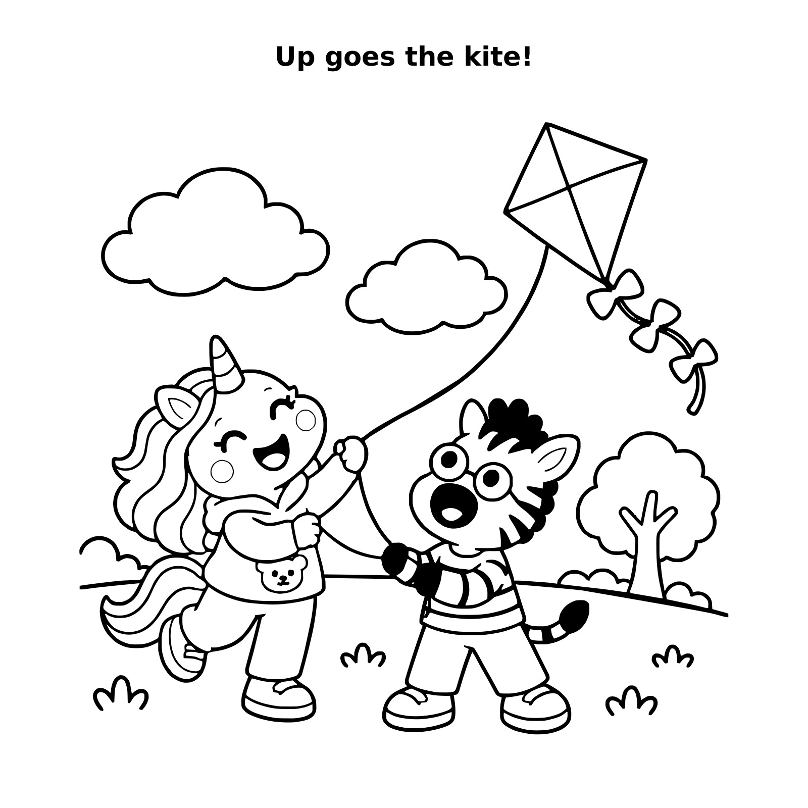 A black-and-white colouring page of Mia and Zeke flying a kite together.