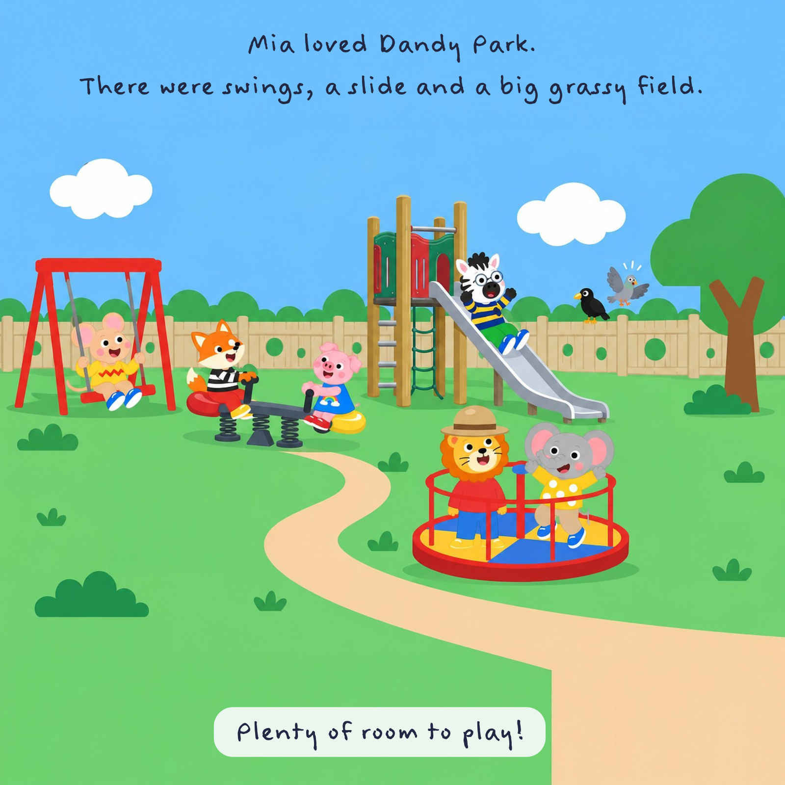 Mia’s friends play on the swings, slide, seesaw and roundabout at Dandy Park.