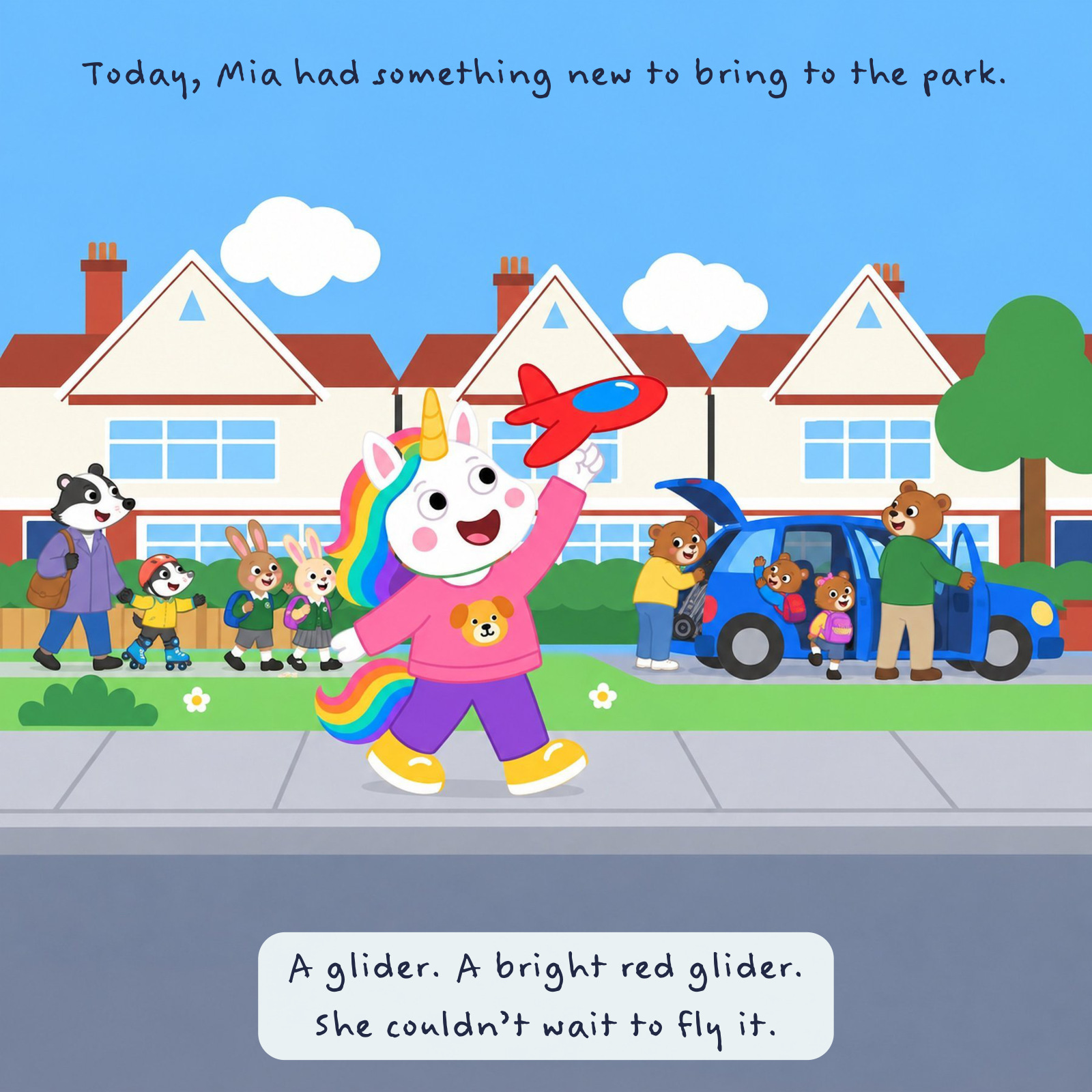 Mia carries her new red glider towards the park, excited to fly it.