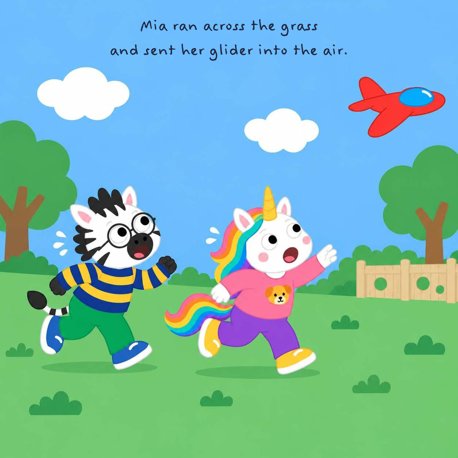 Mia runs across the grass with Zeke and launches her red glider into the air.